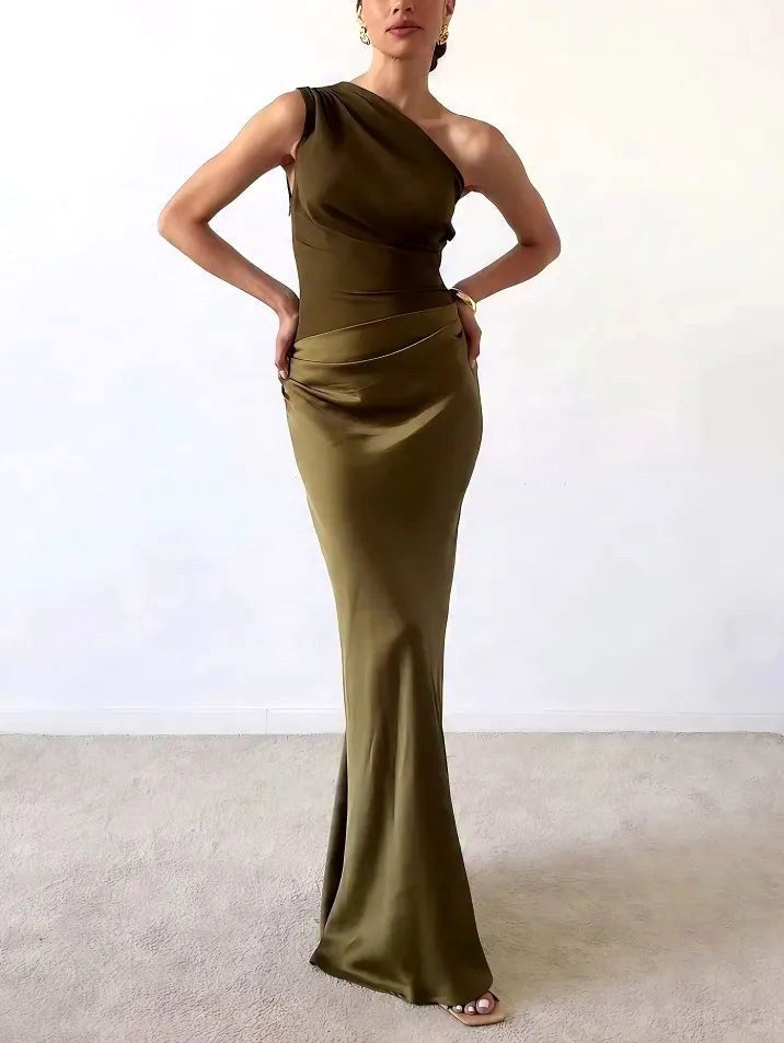 Amelia | Women's One-Shoulder Pleated Maxi Dress - Dark Green