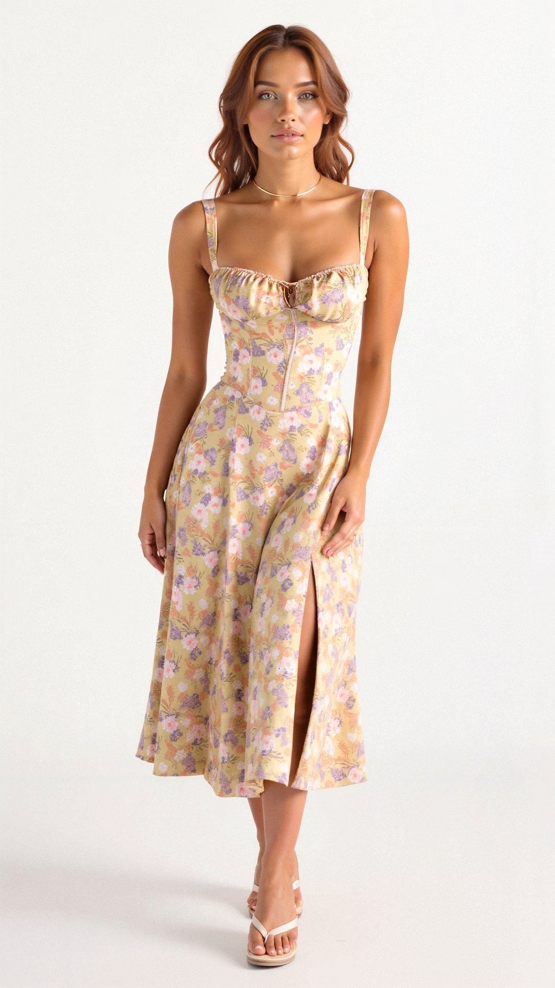 Anika | Women's Bustier Midi Dress - Yellow Floral