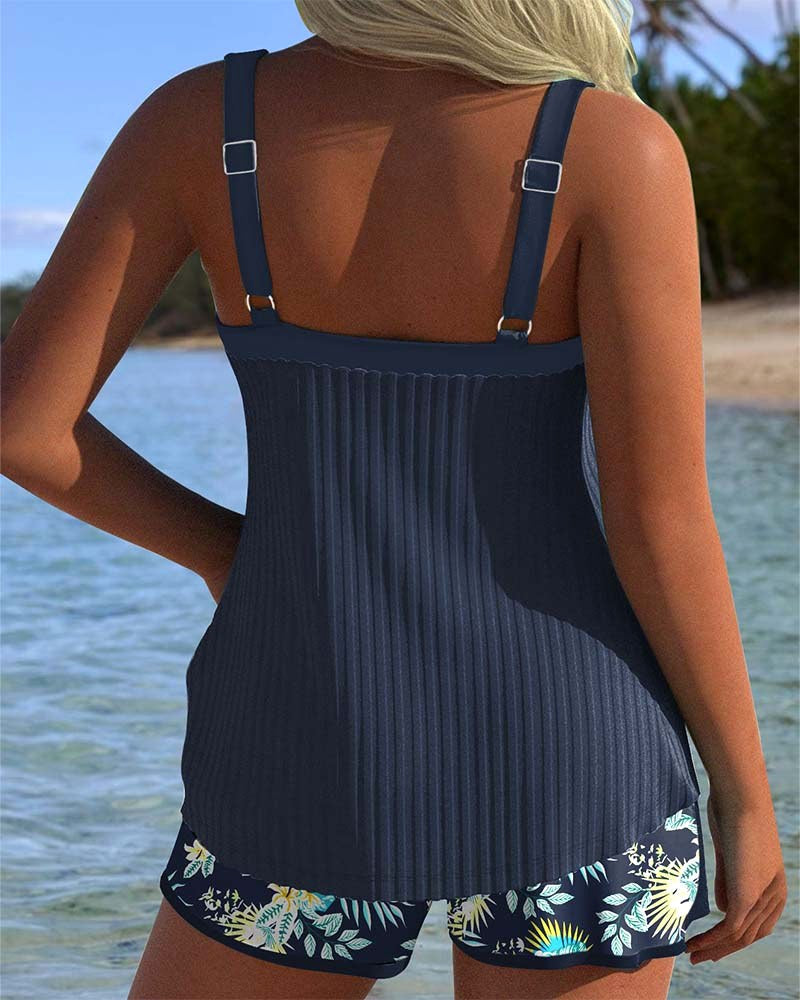 Anna | Striped Tankini with Matching Beach Shorts - Black