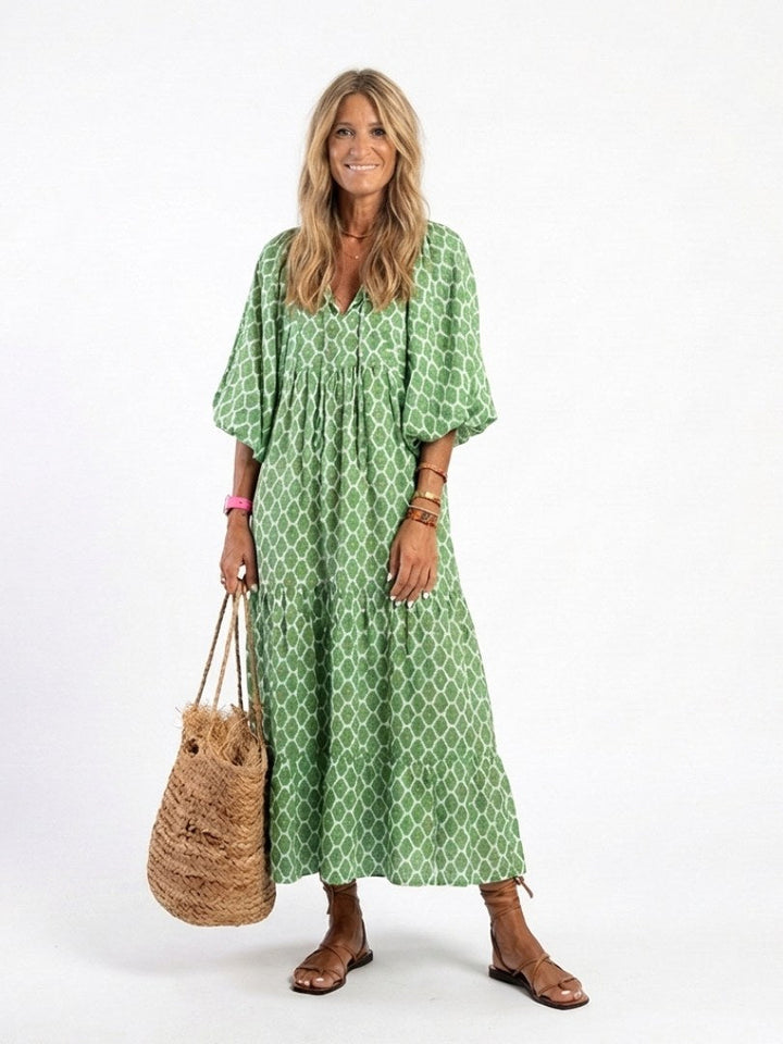 Apolline | Women's V-Neck Three Quarter Sleeve Midi Dress - Green