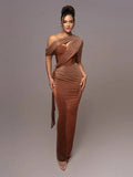 Arabella | Women's Asymmetrical One-Shoulder Statement Dress - Brown