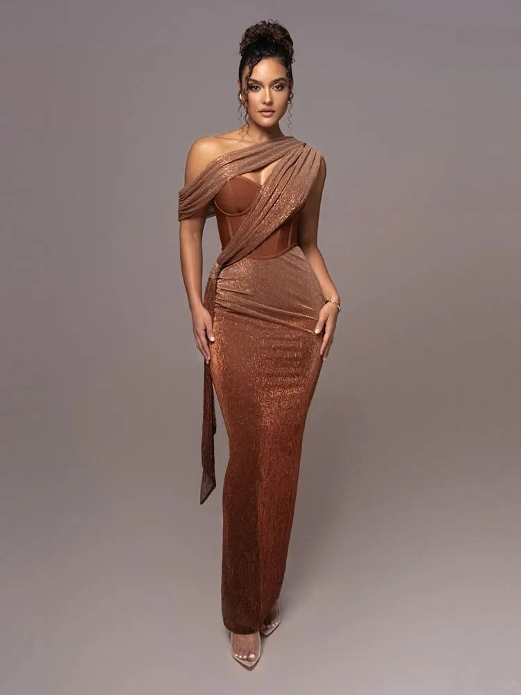 Arabella | Women's Asymmetrical One-Shoulder Statement Dress - Brown