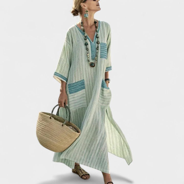 Arabella | Women's Bohemian V-Neck Maxi Dress - Blackish Green