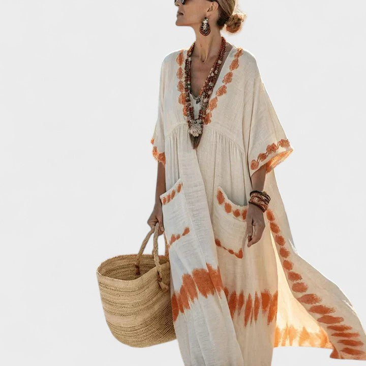 Arabella | Women's Bohemian V-Neck Maxi Dress - Orange
