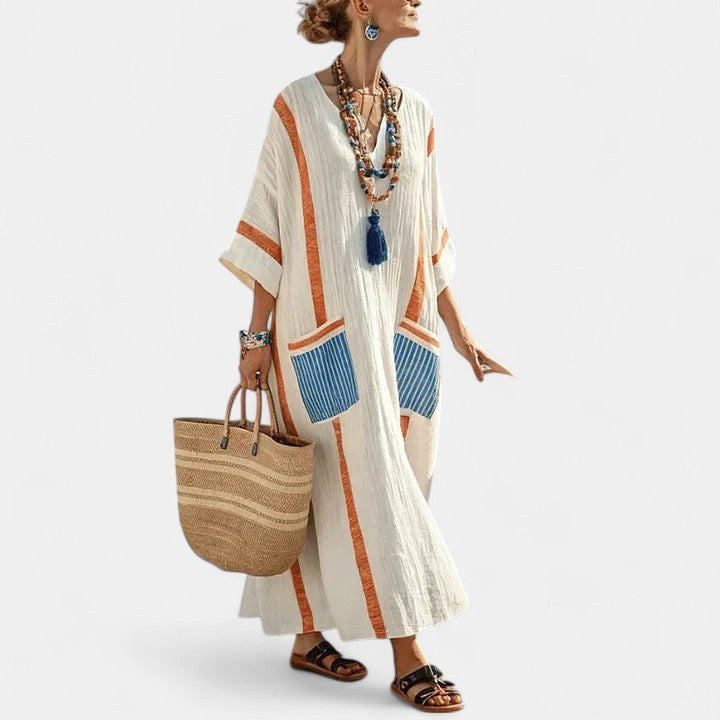 Arabella | Women's Bohemian V-Neck Maxi Dress - Orange Blue
