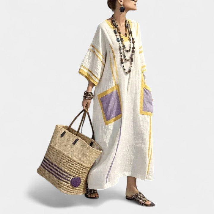 Arabella | Women's Bohemian V-Neck Maxi Dress - Yellow Purple