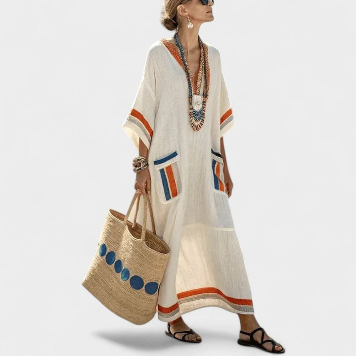 Arabella | Women's Bohemian V-Neck Maxi Dress - Apricot Black