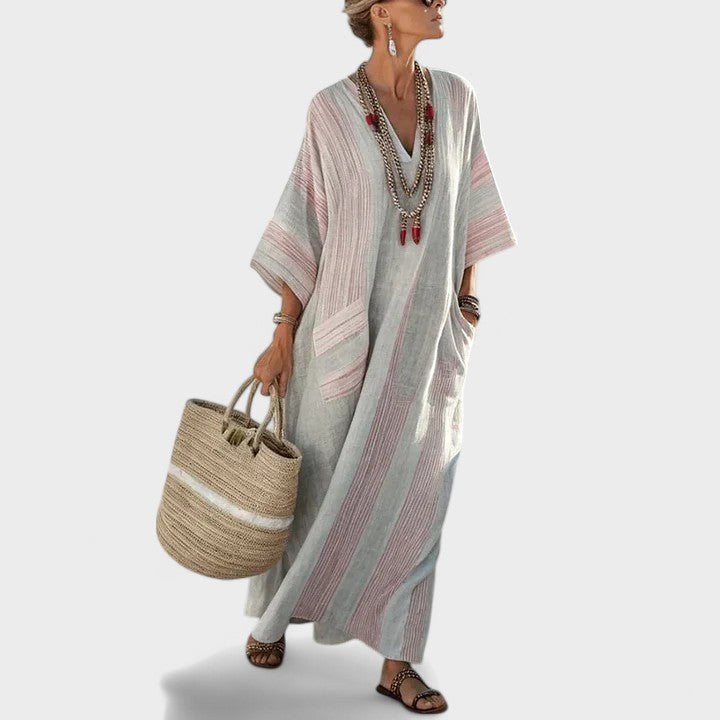 Arabella | Women's Bohemian V-Neck Maxi Dress - Pink Green