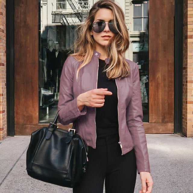 Arabella | Women's Tailored Leather Jacket with Zip Fastening, Classic Leather Jacket | Animated Apparel | Lila