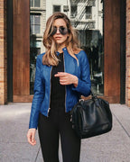 Arabella | Women's Tailored Leather Jacket with Zip Fastening, Classic Leather Jacket | Animated Apparel | Lichtblauw