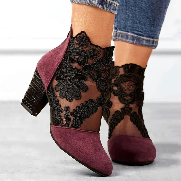 Arabella | Women's White Floral Lace Heels - Red