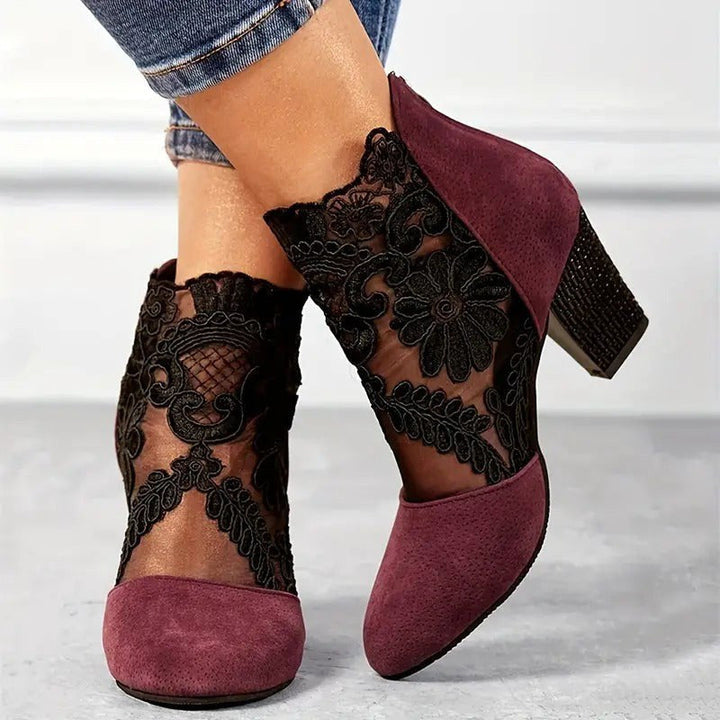 Arabella | Women's White Floral Lace Heels - Black