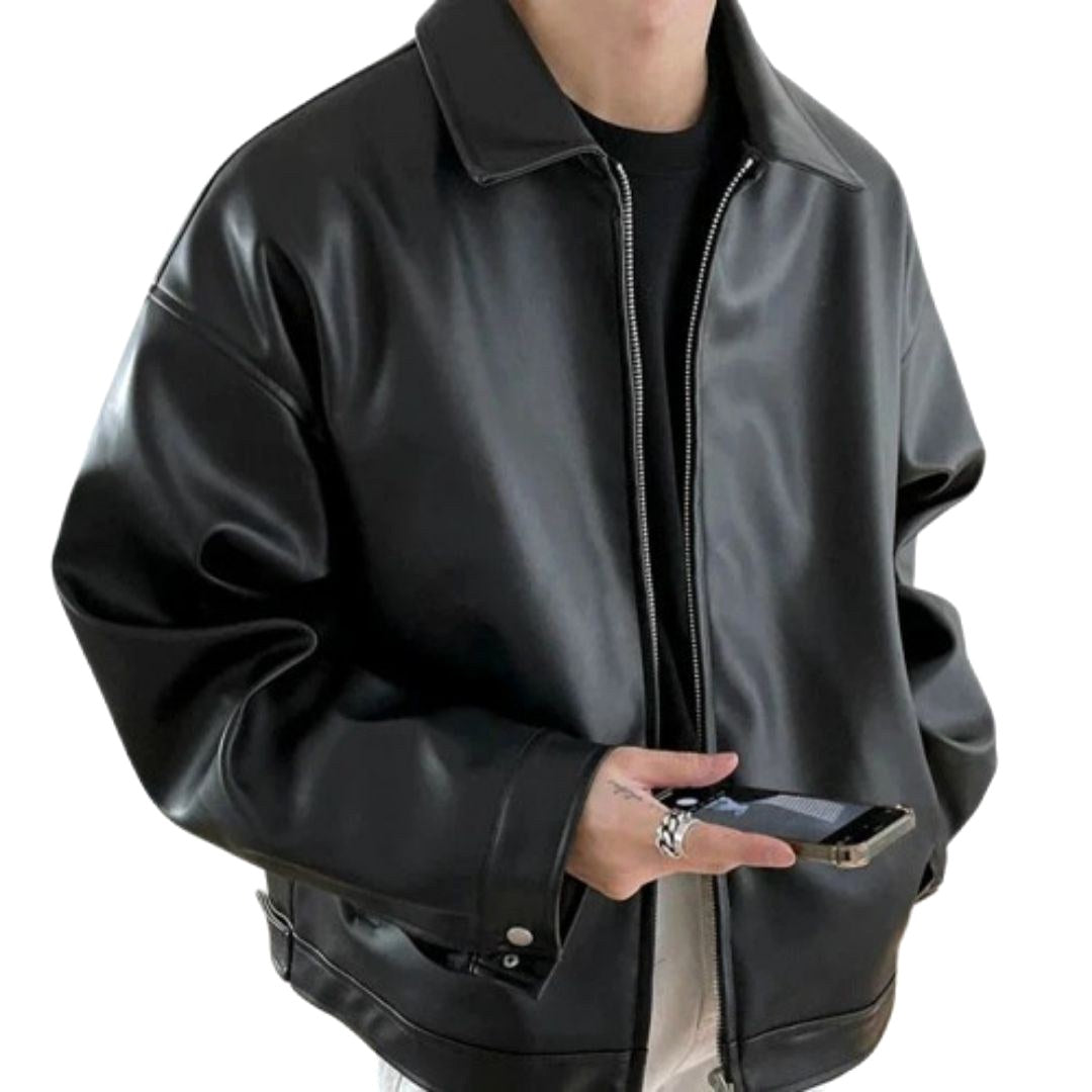 Archie | Men's Oversized Leather Bomber Jacket, Street Style Jacket | Animated Apparel | Black