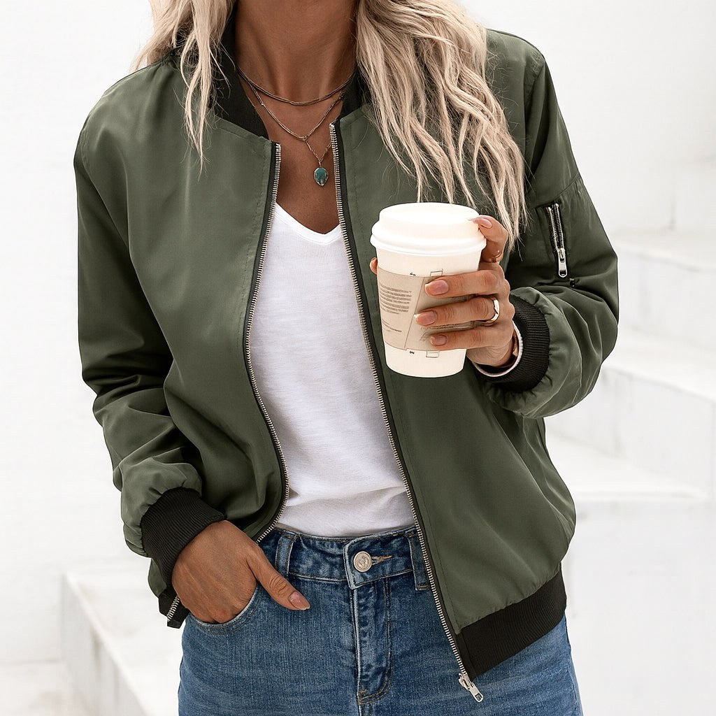 Ariane | Women's Classic Zip Bomber Jacket, Streamlined Lightweight Jacket | Animated Apparel | Army green