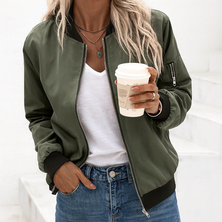 Ariane | Women's Classic Zip Bomber Jacket, Streamlined Lightweight Jacket | Animated Apparel | Army green