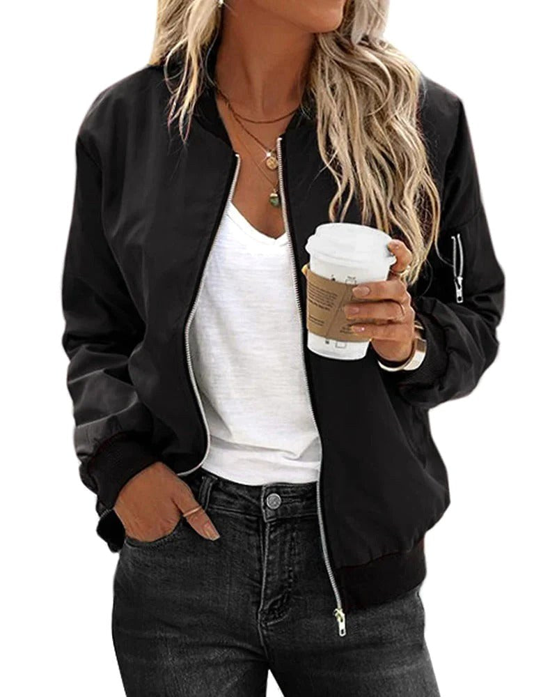 Ariane | Women's Classic Zip Bomber Jacket, Streamlined Lightweight Jacket | Animated Apparel | Black
