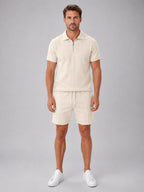 Ashley | Men's Zip Polo Shirt and Shorts Set, Relaxed Two-Piece Set | Animated Apparel | Beige