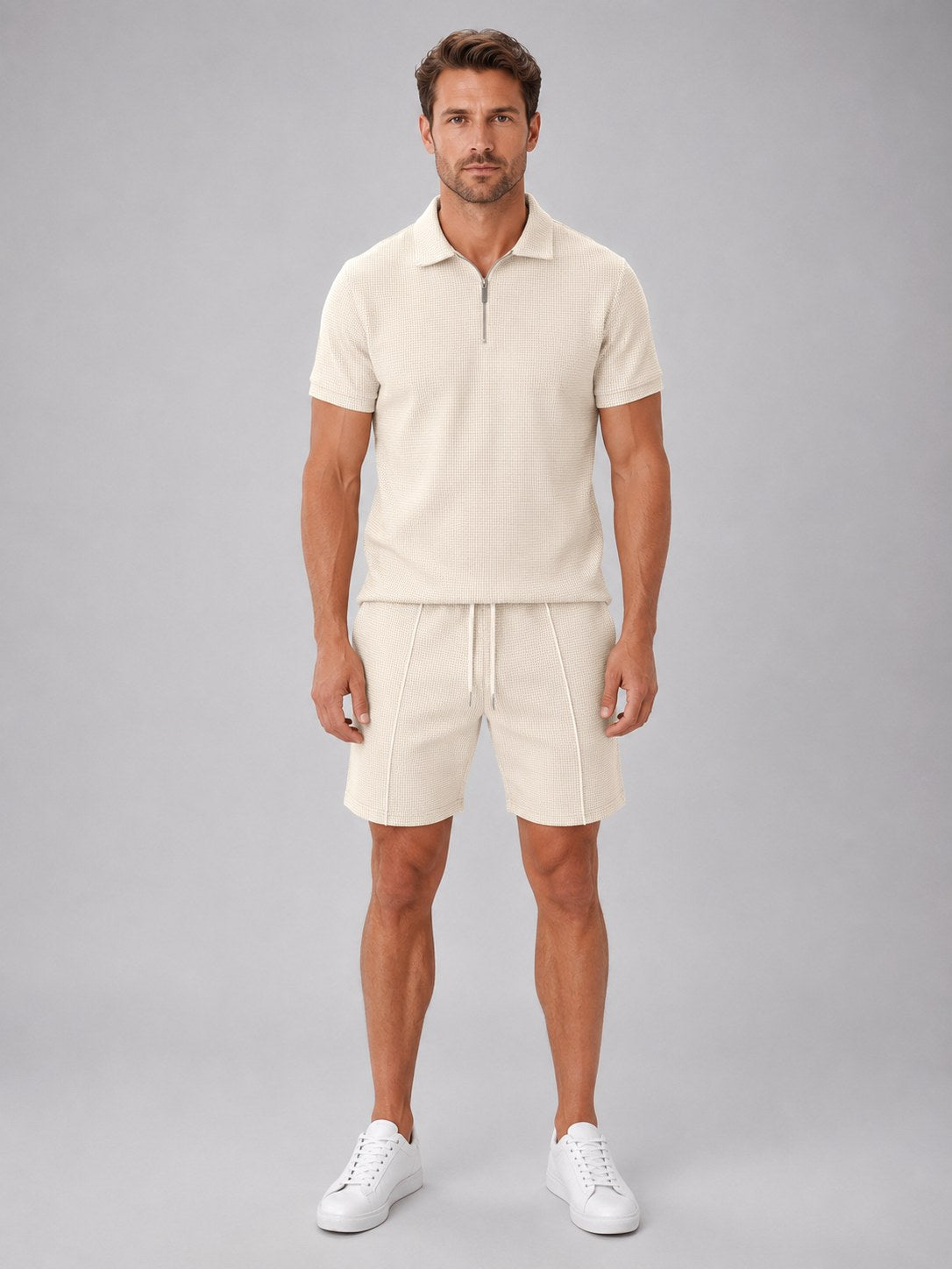 Ashley | Men's Zip Polo Shirt and Shorts Set, Relaxed Two-Piece Set | Animated Apparel | Beige
