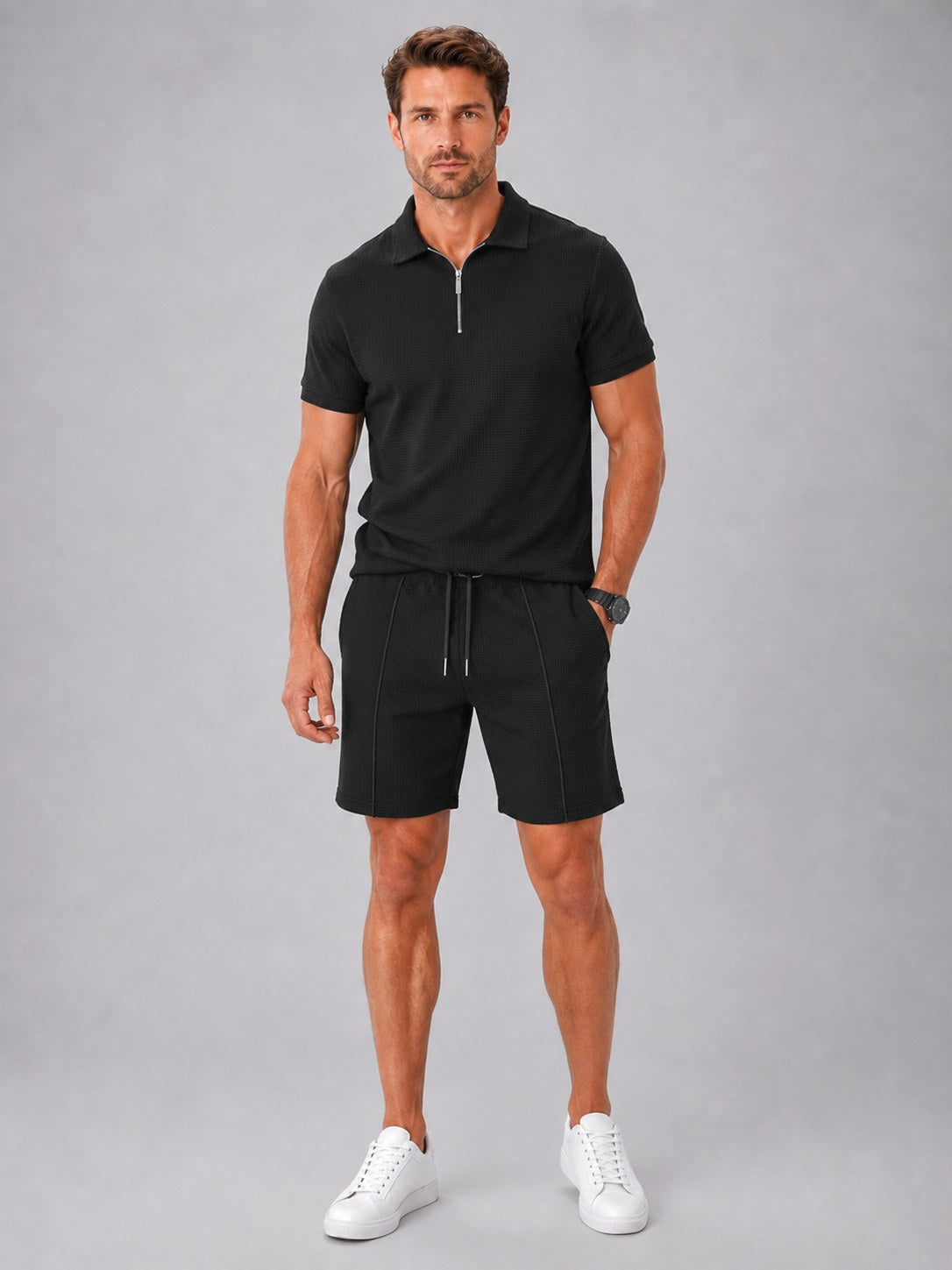Ashley | Men's Zip Polo Shirt and Shorts Set, Relaxed Two-Piece Set | Animated Apparel
