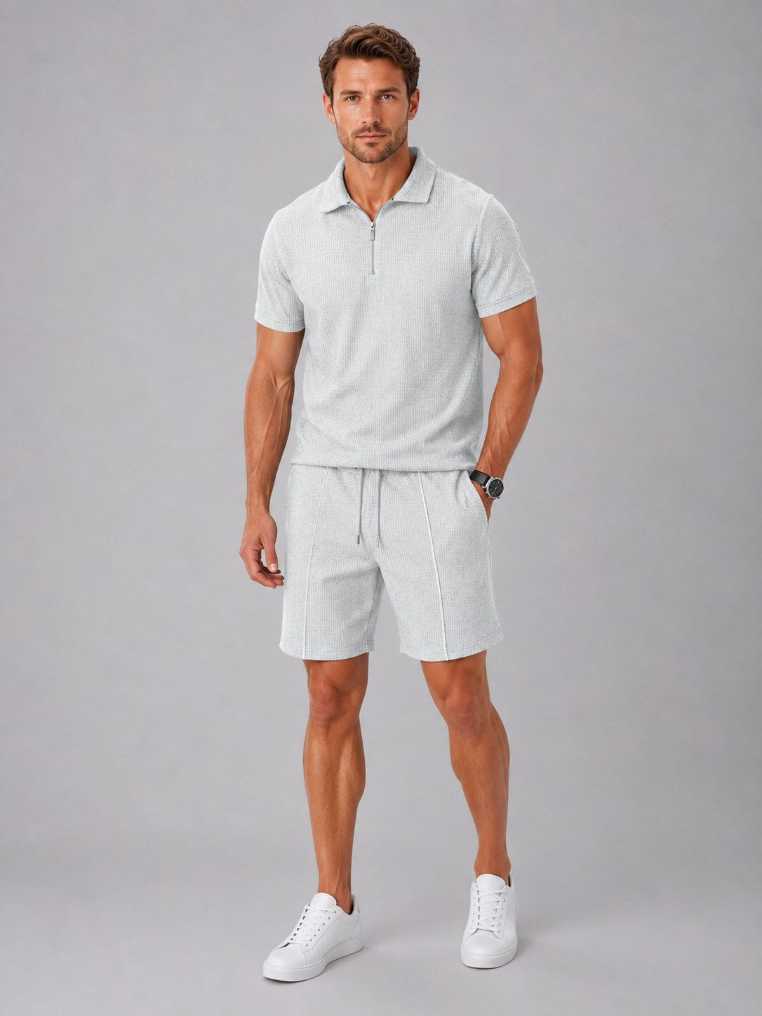 Ashley | Men's Zip Polo Shirt and Shorts Set, Relaxed Two-Piece Set | Animated Apparel