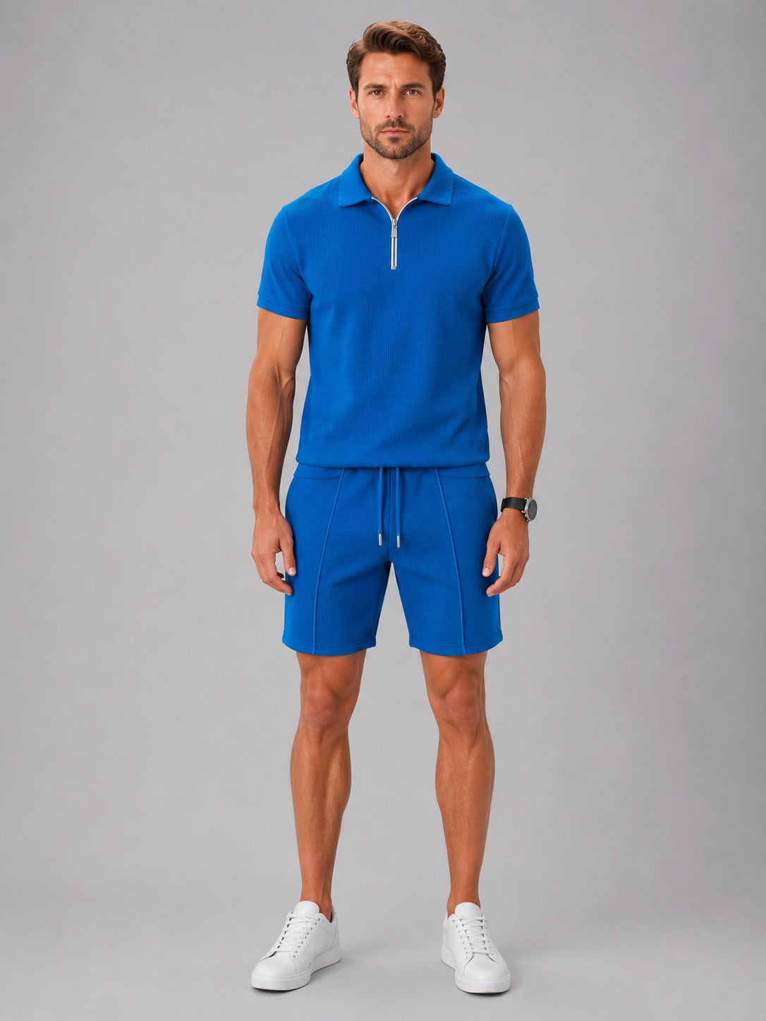Ashley | Men's Zip Polo Shirt and Shorts Set, Relaxed Two-Piece Set | Animated Apparel