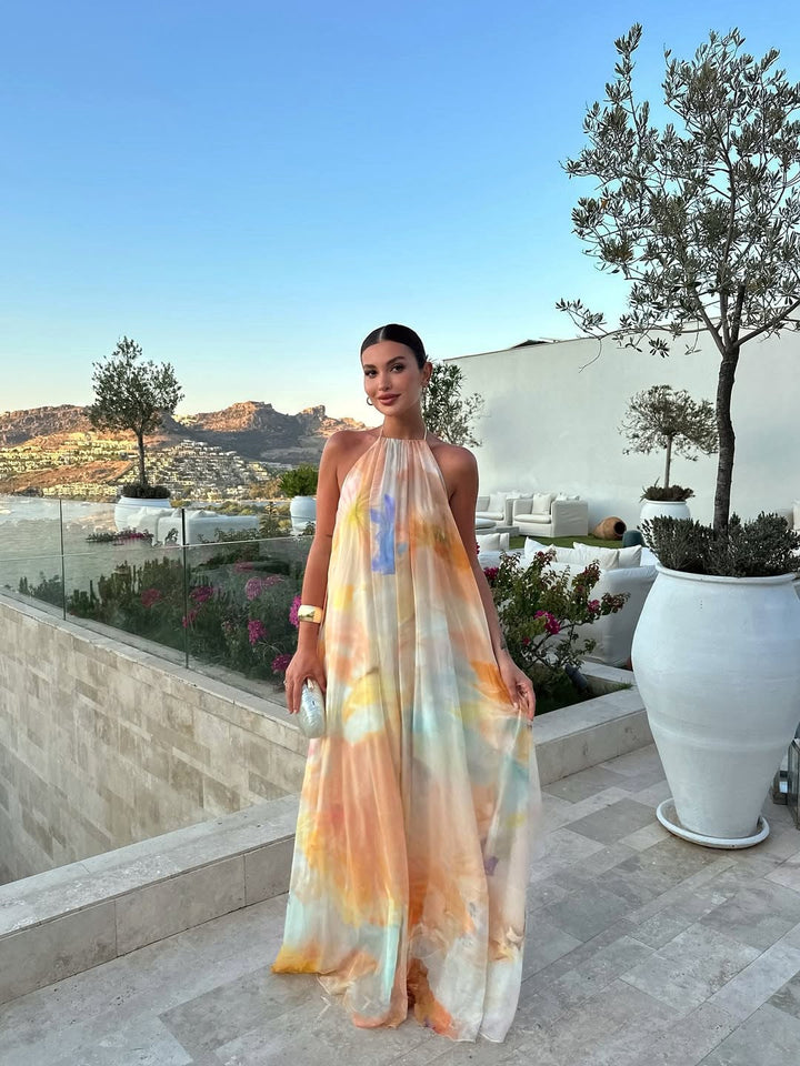 Aubree | Women's Watercolor Floral Halter Maxi Dress - Orange