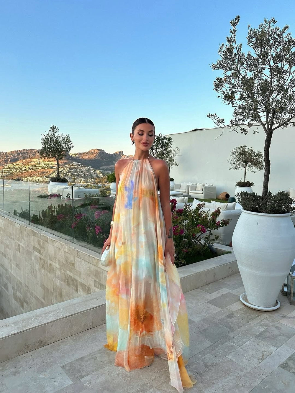 Aubree | Women's Watercolor Floral Halter Maxi Dress - image 2