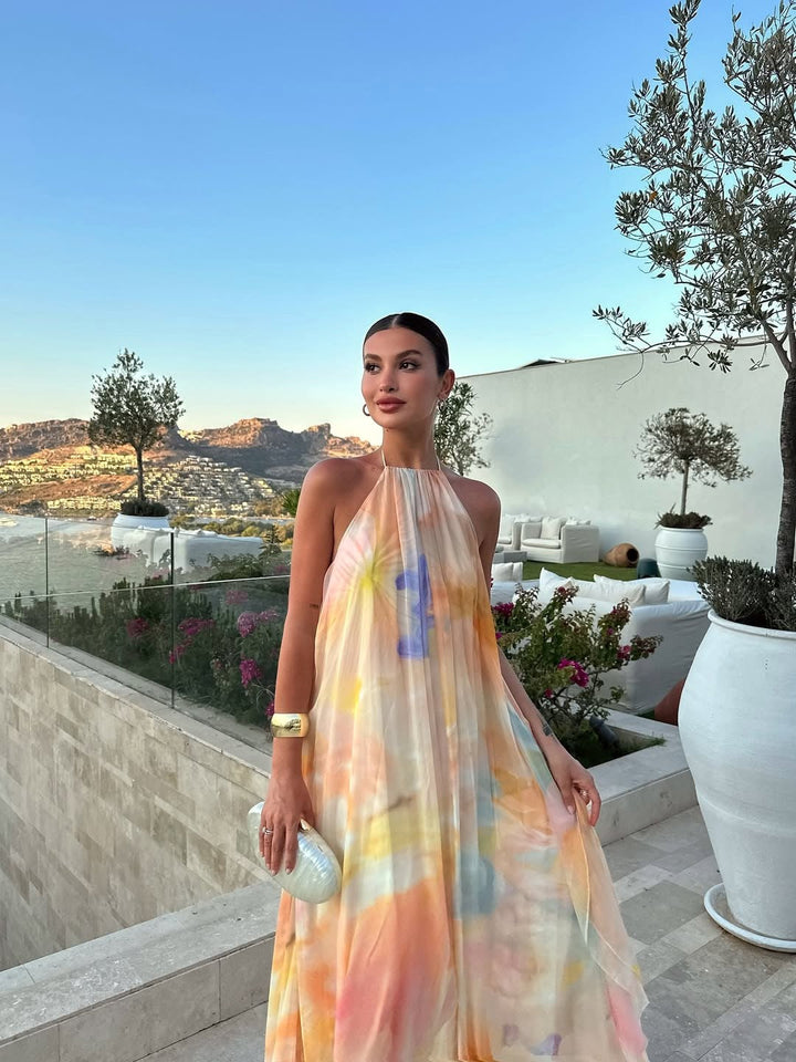 Aubree | Women's Watercolor Floral Halter Maxi Dress - image 3