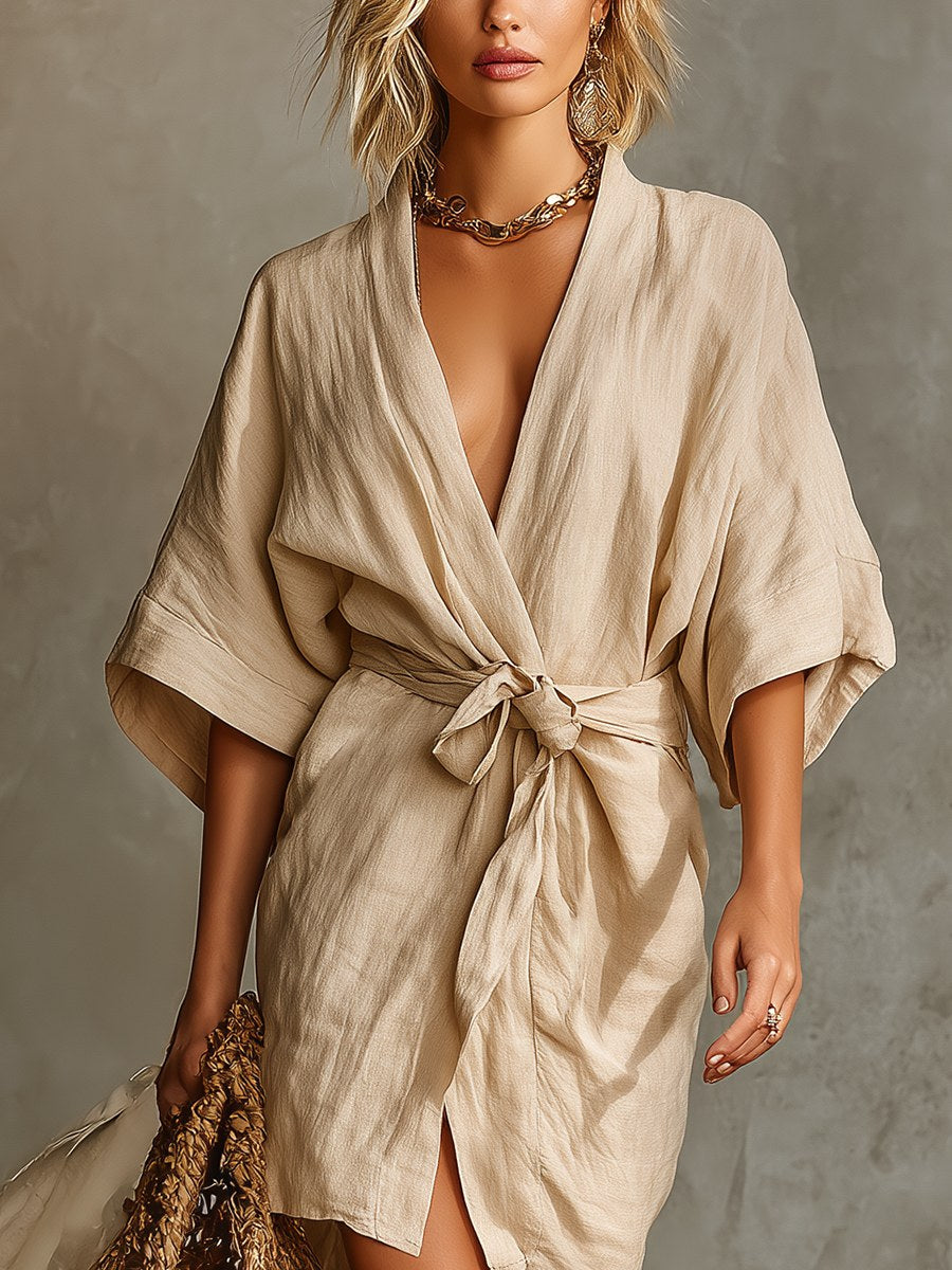 Aubrey | Women's Beige Linen Wrap Dress - image 3