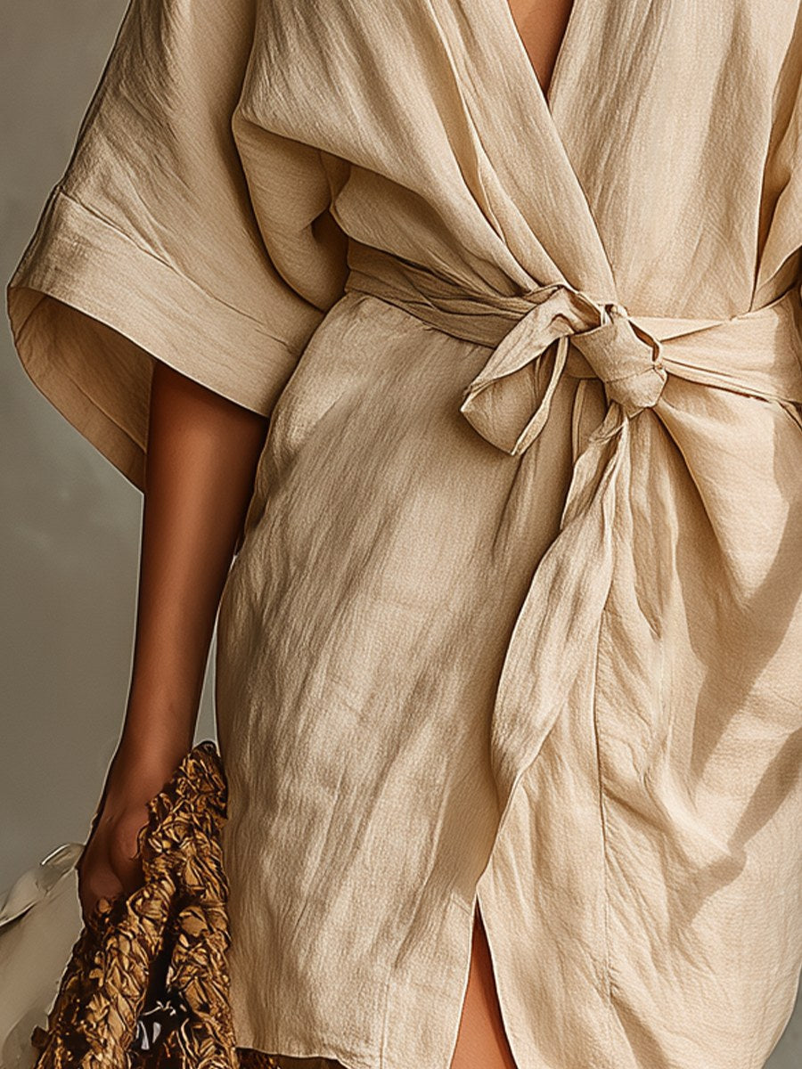 Aubrey | Women's Beige Linen Wrap Dress - image 4