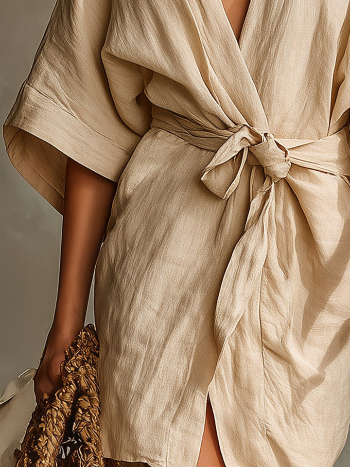 Aubrey | Women's Beige Linen Wrap Dress - image 4