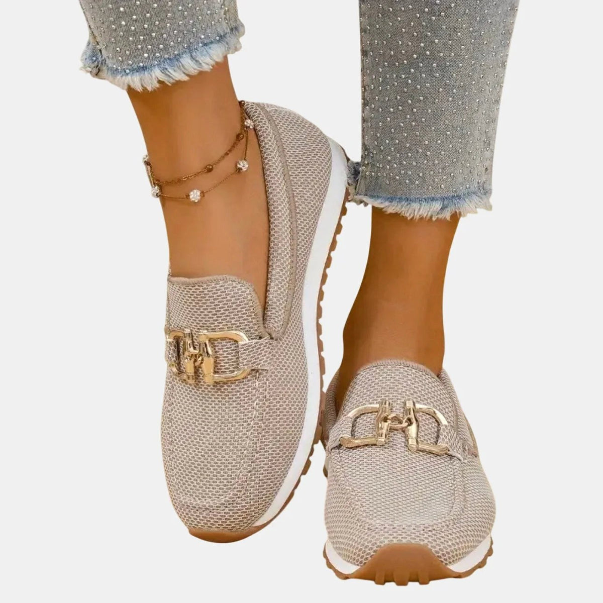 Aubrey | Women's Slip-On Loafer Sneakers, Woven Hybrid Trainers | Animated Apparel | Khaki