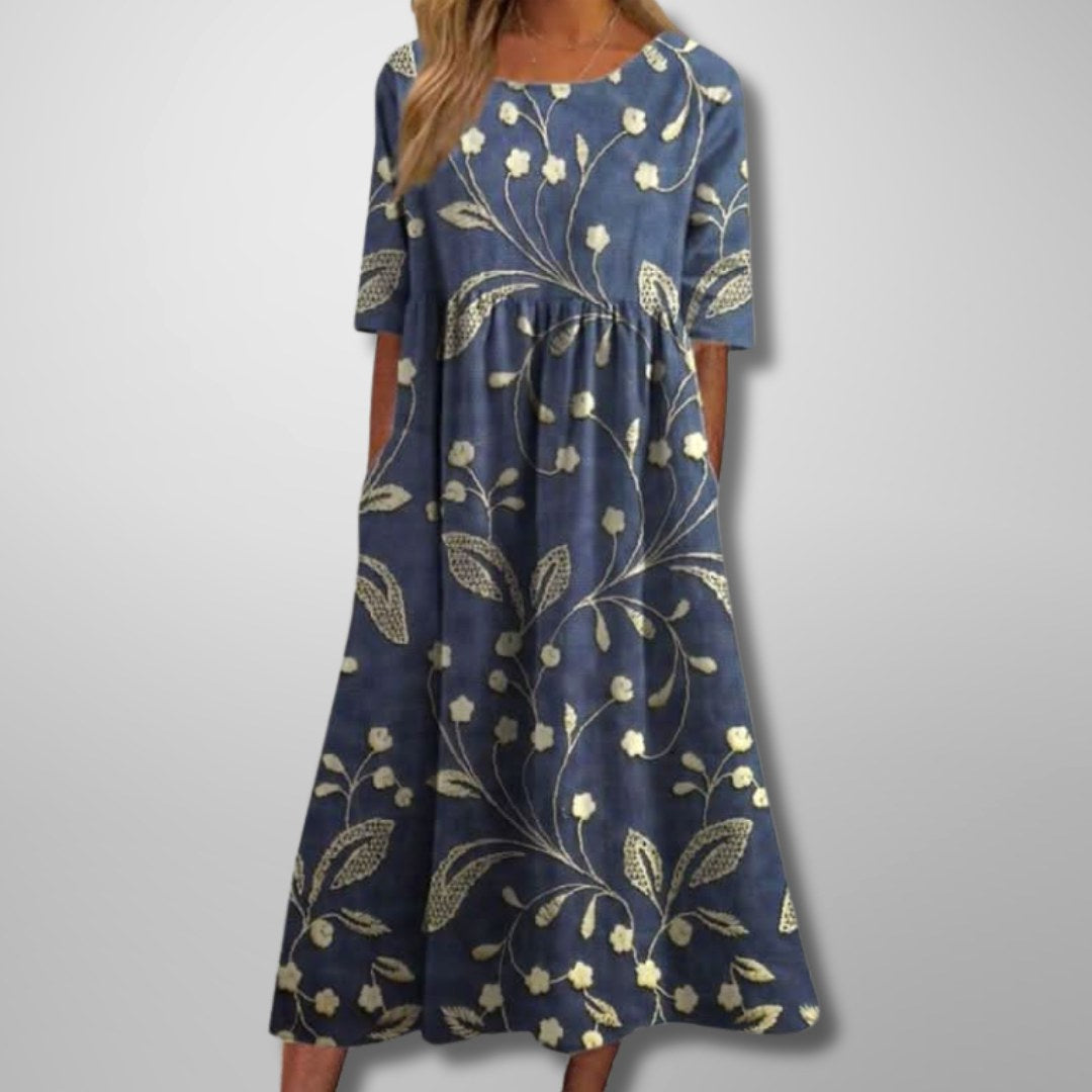 Audrey | Women's Floral Midi Dress with Relaxed Fit - Navy Blue