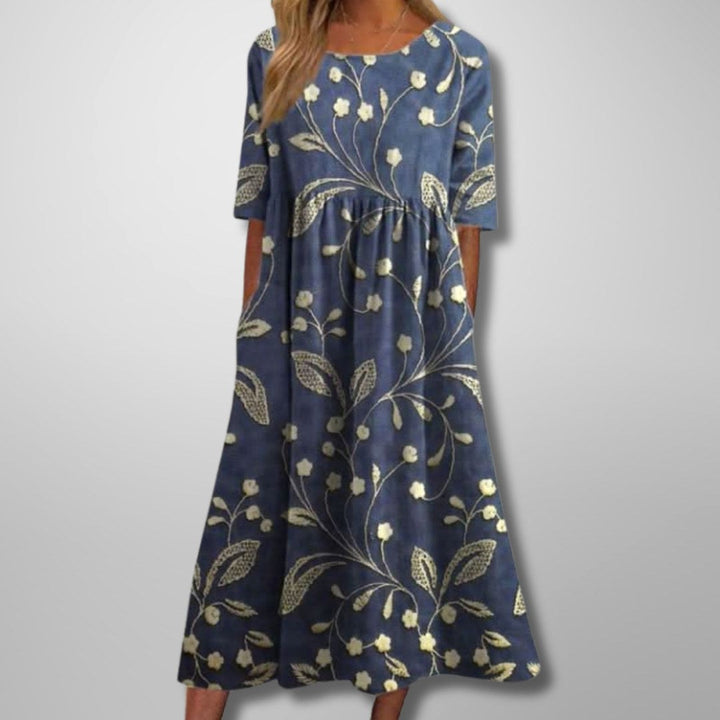 Audrey | Women's Floral Midi Dress with Relaxed Fit - Navy Blue
