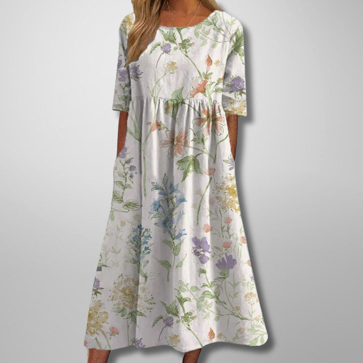 Audrey | Women's Floral Midi Dress with Relaxed Fit - White
