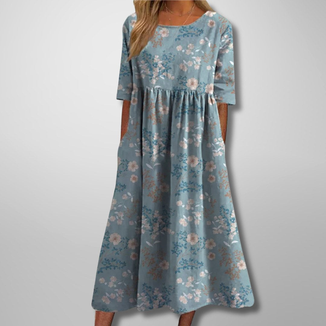 Audrey | Women's Floral Midi Dress with Relaxed Fit - Light Blue