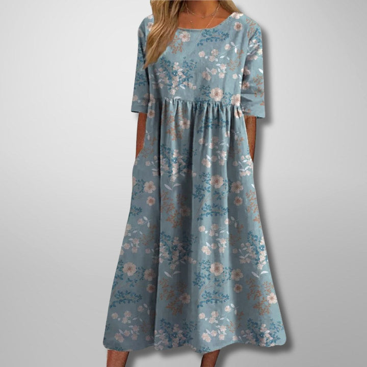 Audrey | Women's Floral Midi Dress with Relaxed Fit - Light Blue