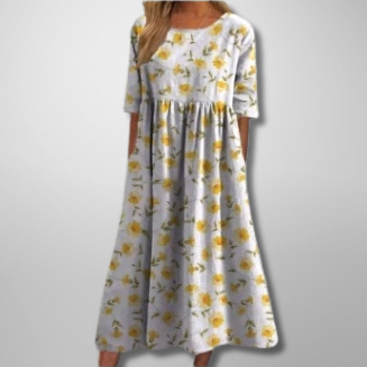 Audrey | Women's Floral Midi Dress with Relaxed Fit - Light Yellow