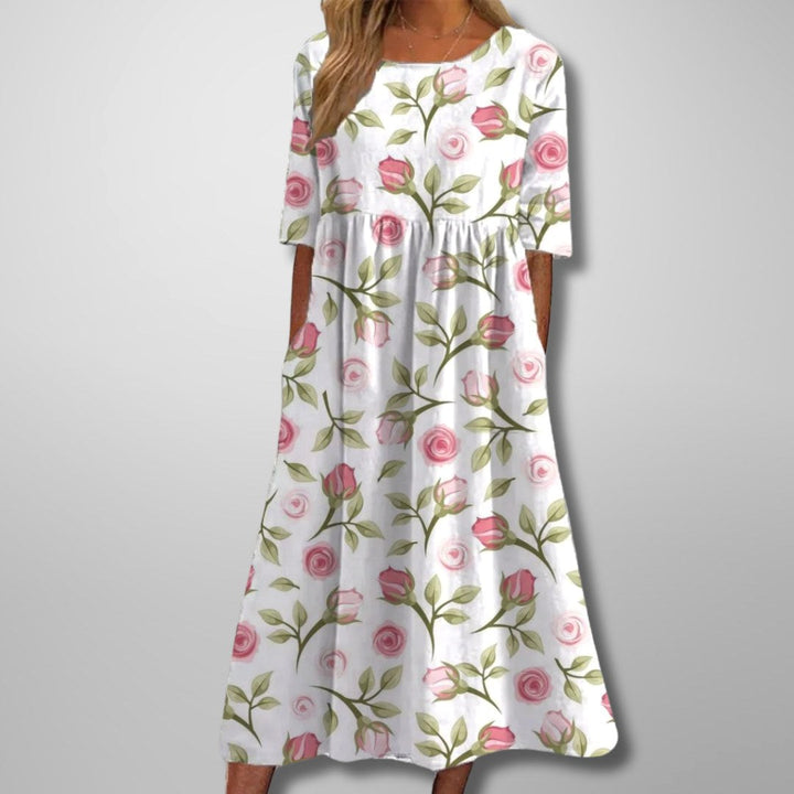 Audrey | Women's Floral Midi Dress with Relaxed Fit - White Pink