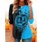 Audrey | Women's Long-Sleeve Pumpkin Print Top, Festive Halloween Blouse | Animated Apparel | Blue