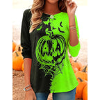 Audrey | Women's Long-Sleeve Pumpkin Print Top, Festive Halloween Blouse | Animated Apparel | Green