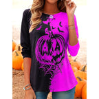 Audrey | Women's Long-Sleeve Pumpkin Print Top, Festive Halloween Blouse | Animated Apparel | Purple
