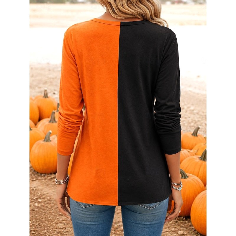 Audrey | Women's Long-Sleeve Pumpkin Print Top, Festive Halloween Blouse | Animated Apparel