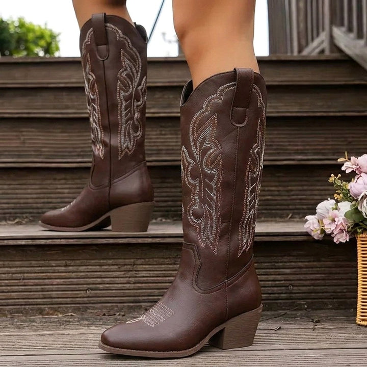 Aurelia | Women's Knee-High Cowgirl Boots with Embroidery, Block Heel Western Boots | Animated Apparel | Brown