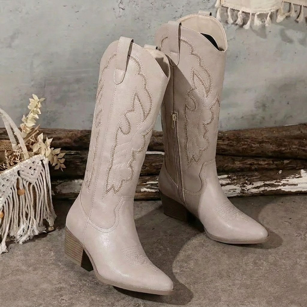 Aurelia | Women's Knee-High Cowgirl Boots with Embroidery, Block Heel Western Boots | Animated Apparel