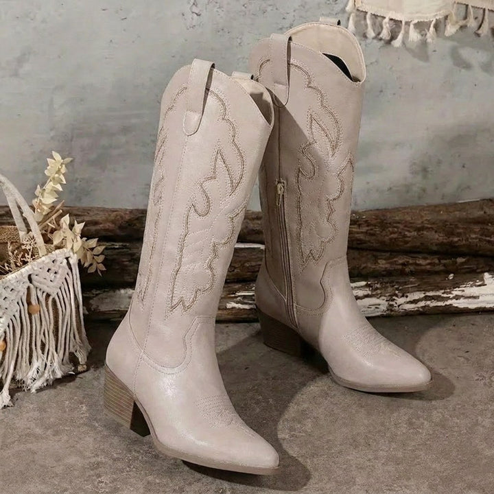 Aurelia | Women's Knee-High Cowgirl Boots with Embroidery, Block Heel Western Boots | Animated Apparel