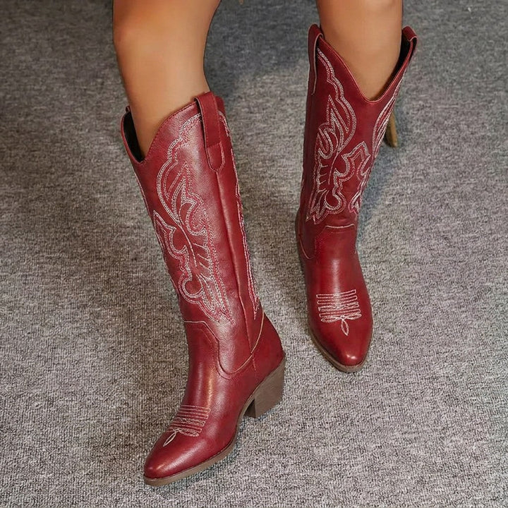 Aurelia | Women's Knee-High Cowgirl Boots with Embroidery, Block Heel Western Boots | Animated Apparel
