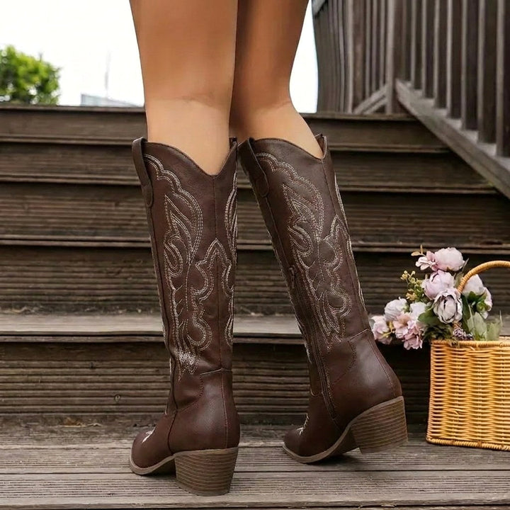 Aurelia | Women's Knee-High Cowgirl Boots with Embroidery, Block Heel Western Boots | Animated Apparel | Black