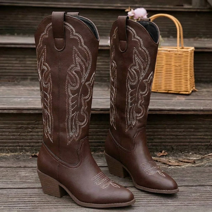 Aurelia | Women's Knee-High Cowgirl Boots with Embroidery, Block Heel Western Boots | Animated Apparel