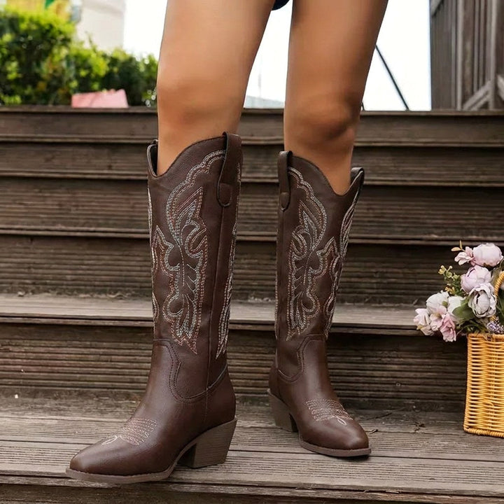 Aurelia | Women's Knee-High Cowgirl Boots with Embroidery, Block Heel Western Boots | Animated Apparel